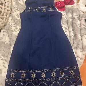 Minuet Petite Royal Blue Midi Dress with Metallic Embellishments